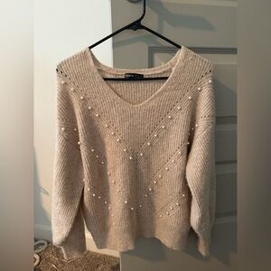 SHEIN Women's Cream V-Neck Sweater with Pearl Details